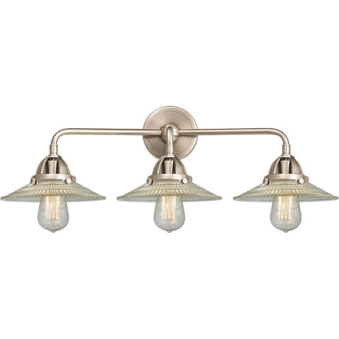 Nouveau 2 Halophane 3 Light 27 inch Brushed Satin Nickel Bath Vanity Light Wall Light in Clear Halophane Glass