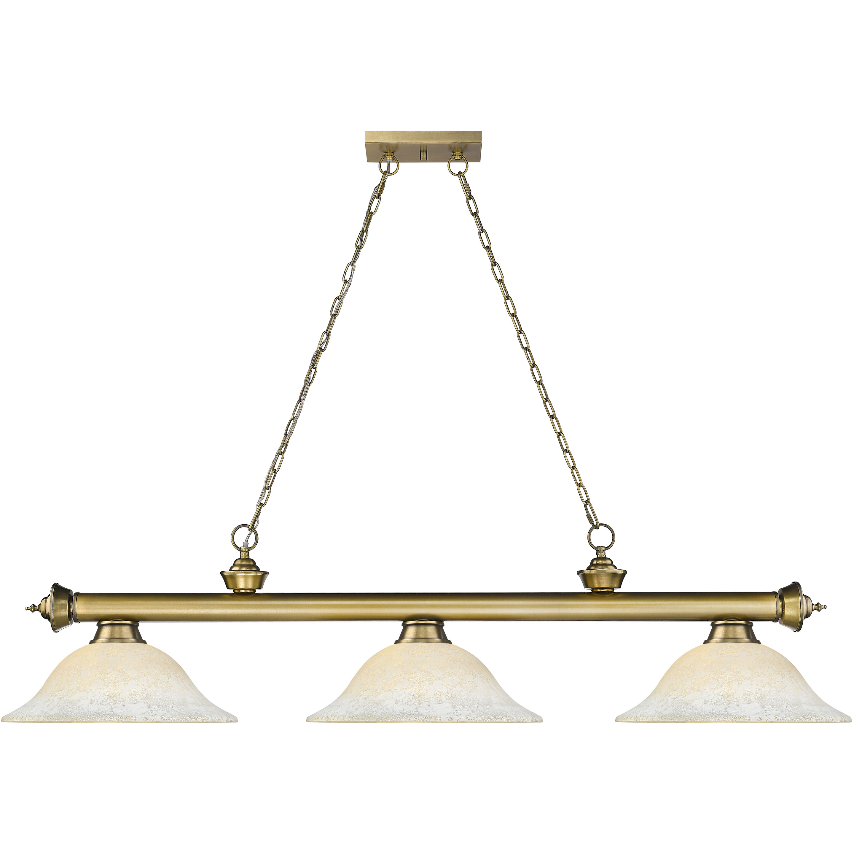 Cordon 3 Light 58 inch Rubbed Brass Billiard Ceiling Light in White Mottle Glass