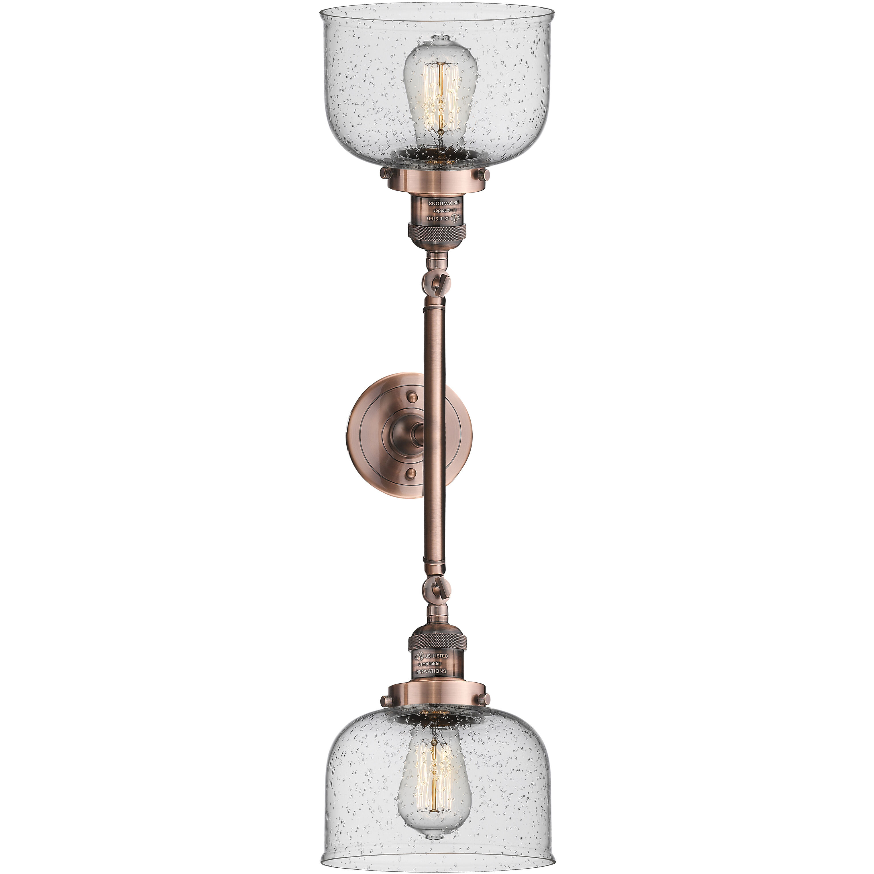 Franklin Restoration Large Bell 2 Light 19 inch Antique Copper Bath Vanity Light Wall Light in Seedy Glass, Franklin Restoration