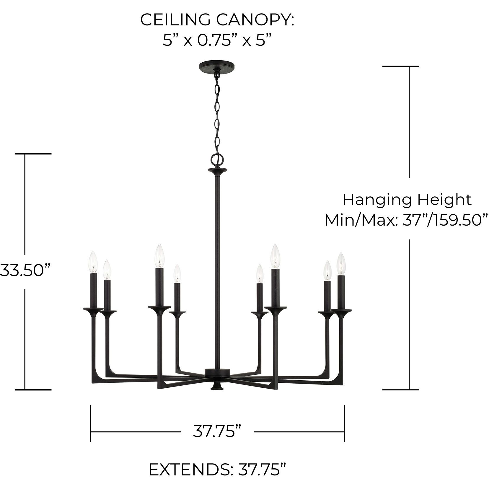 Clint 8 Light 38 inch Black Iron Chandelier Ceiling Light