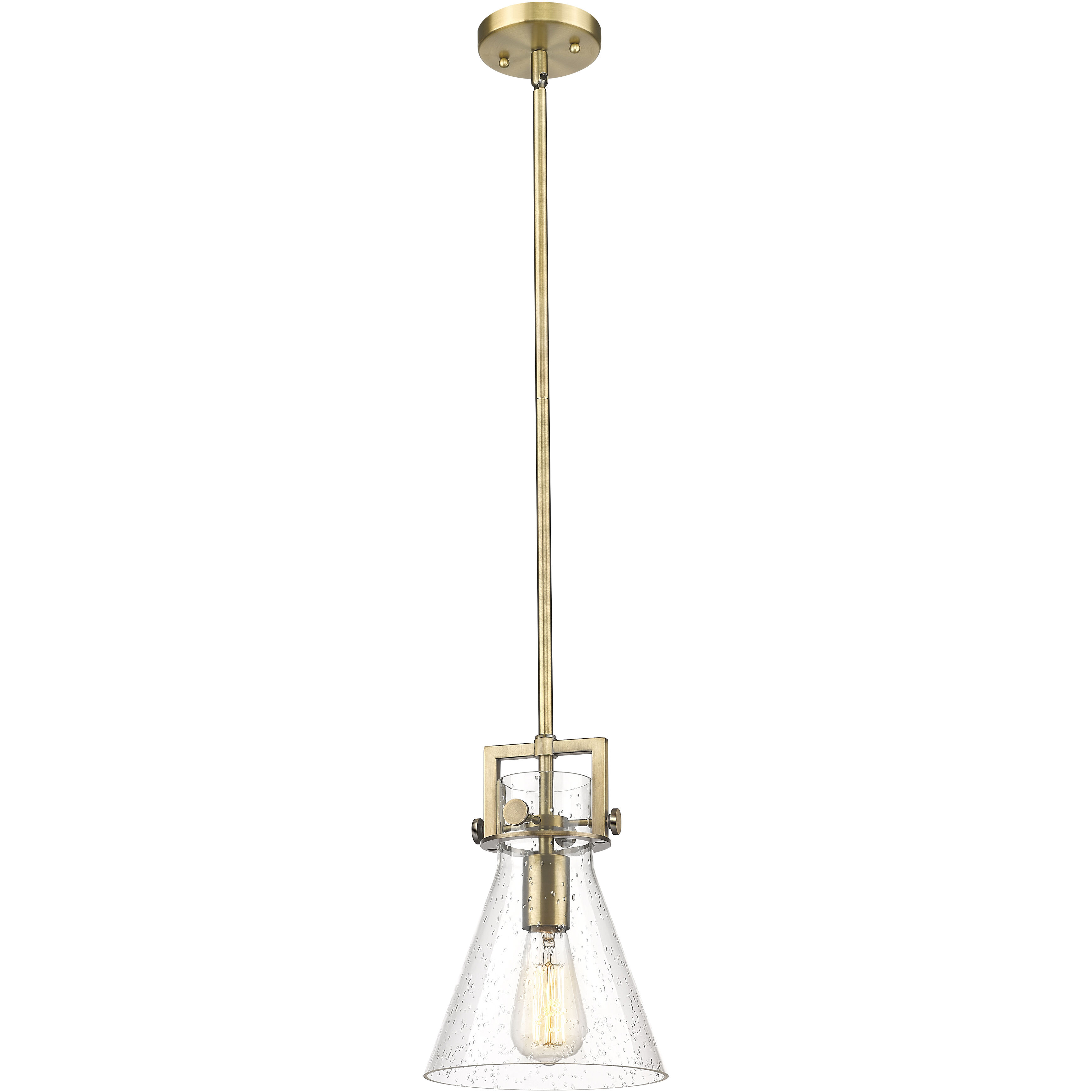 Newton Cone 1 Light 8 inch Brushed Brass Mini Pendant Ceiling Light in Seedy Glass