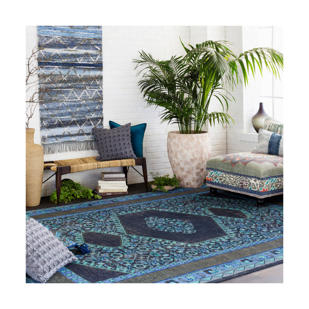 Zahra 102 X 66 inch Navy/Dark Blue/Dark Brown/Teal/Charcoal Rugs, Wool