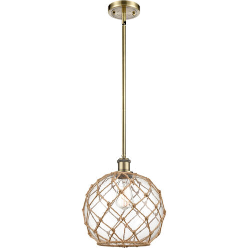 Ballston Large Farmhouse Rope 1 Light 10 inch Antique Brass Pendant Ceiling Light in Incandescent, Clear Glass with Brown Rope, Ballston