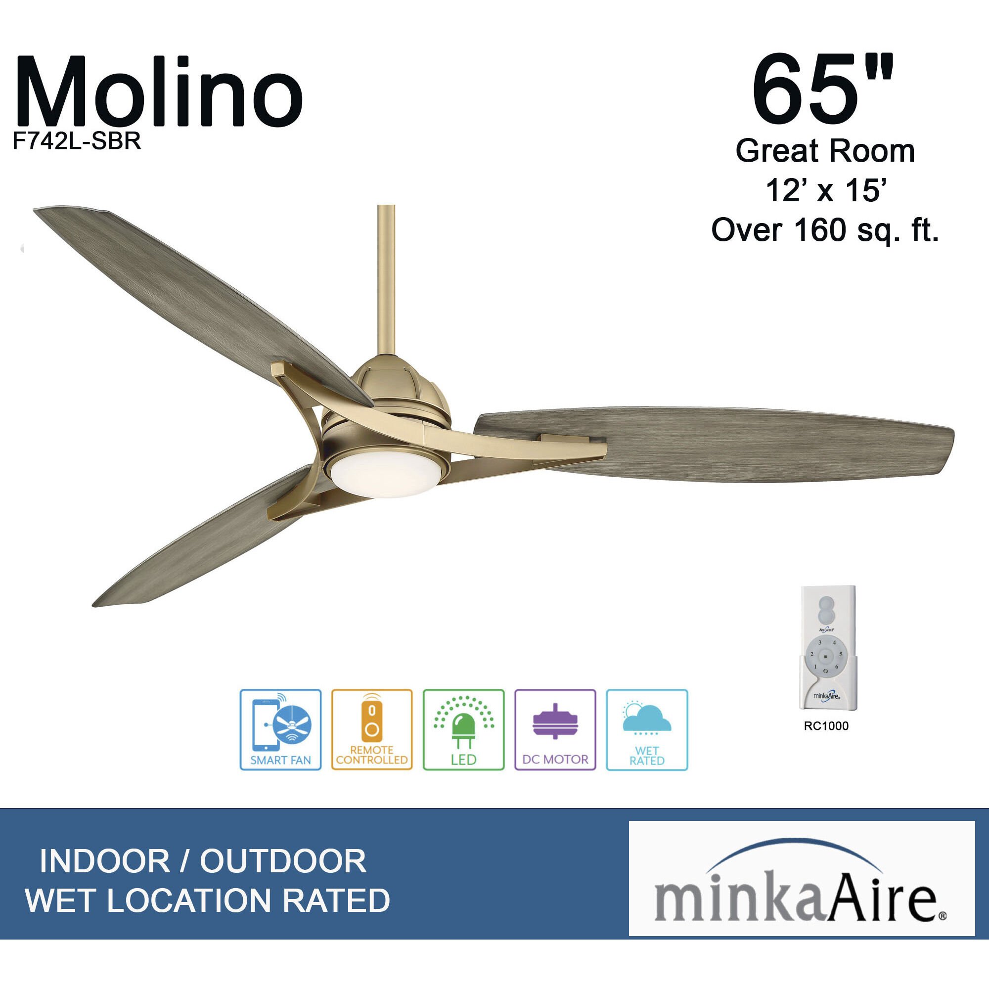 Molino 65 inch Soft Brass with Seashore Grey Blades Indoor/Outdoor Ceiling Fan