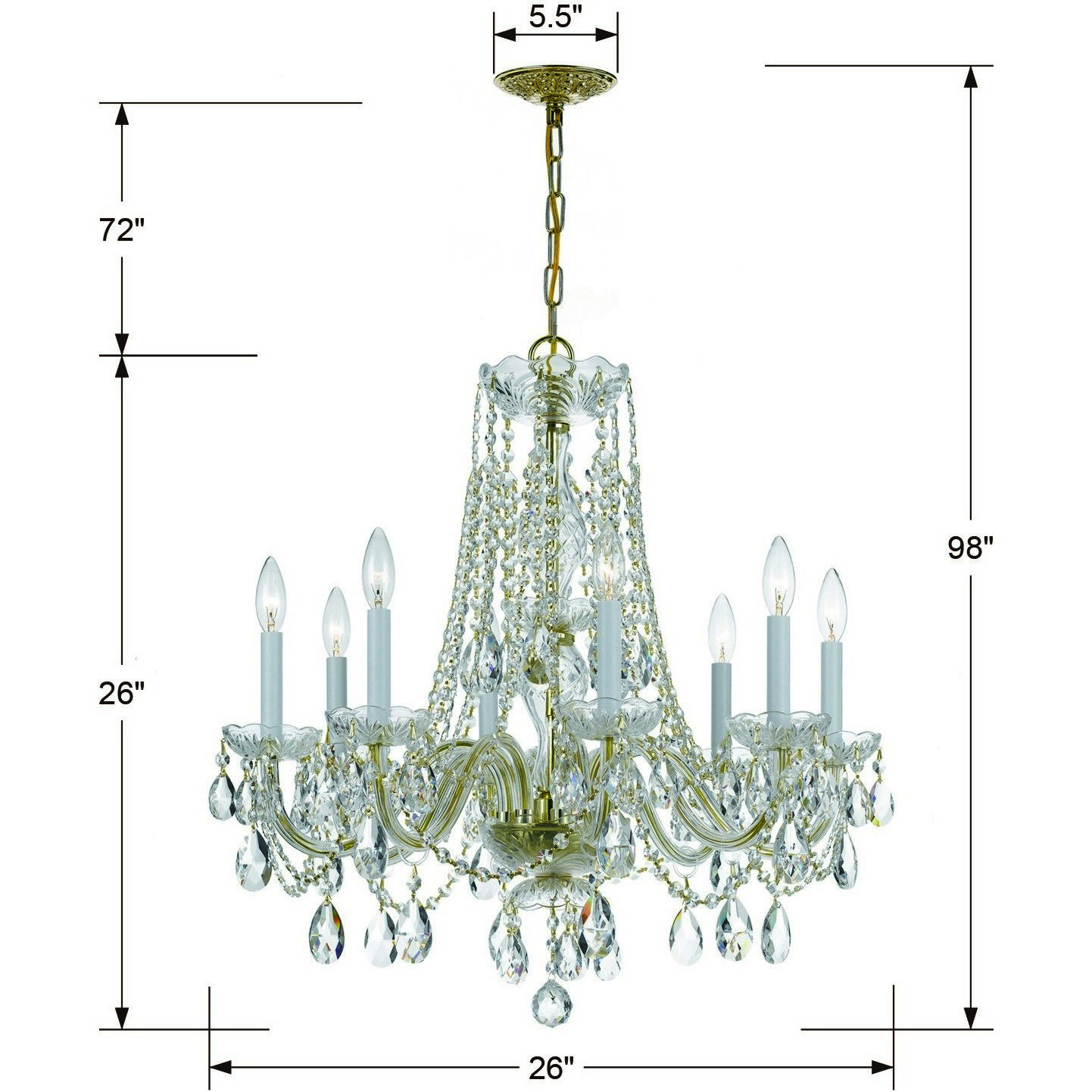 Traditional Crystal 8 Light 26 inch Polished Brass Chandelier Ceiling Light in Clear Hand Cut