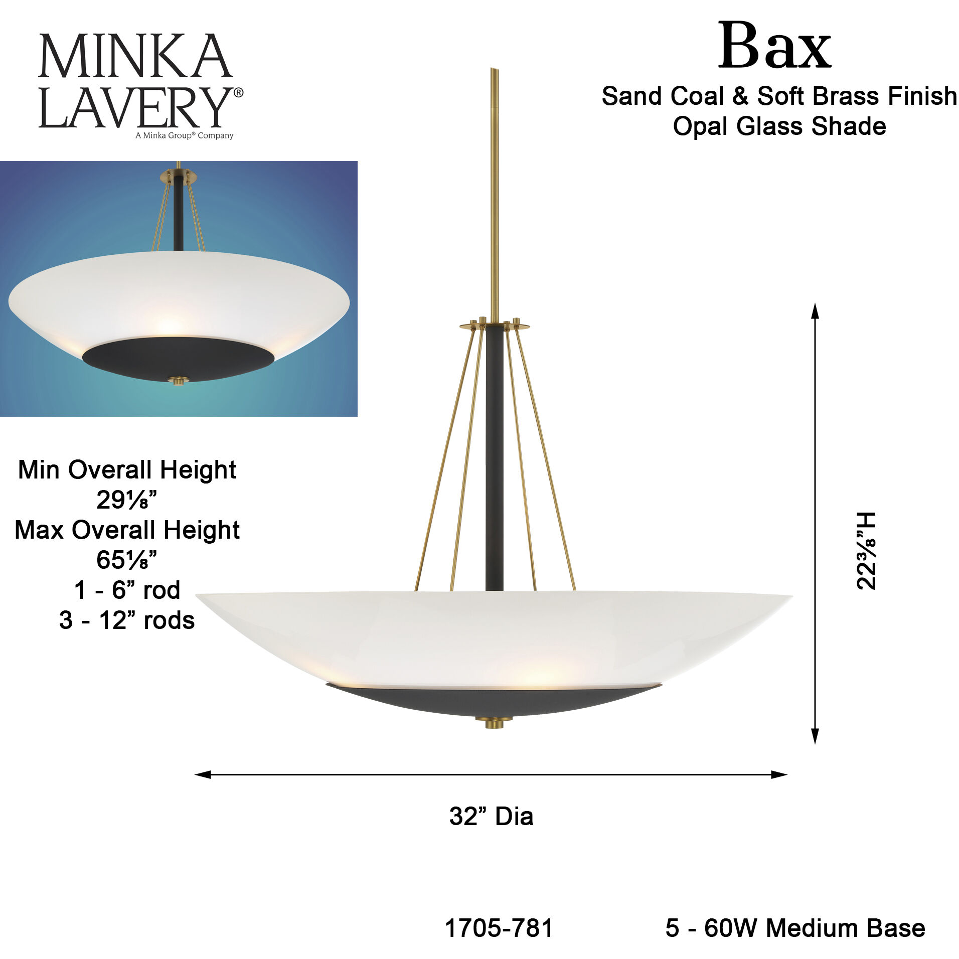 BAX 5 Light 32 inch Sand Coal and Soft Brass Pendant Ceiling Light