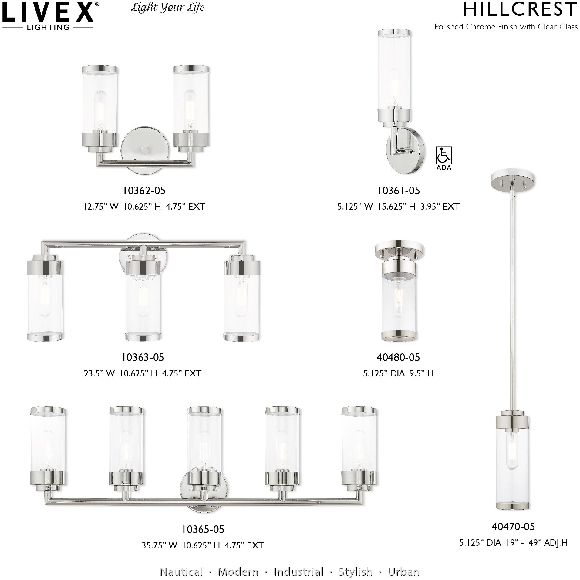 Hillcrest 5 Light 36 inch Polished Chrome Bath Vanity Wall Light