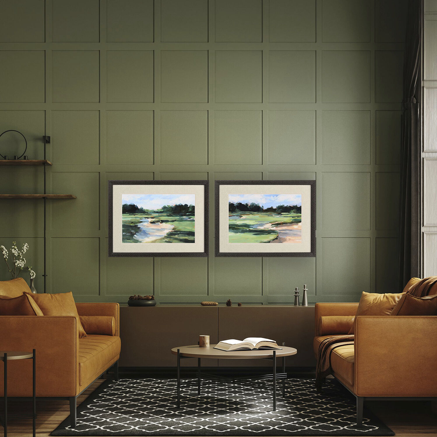 Golf Course Study Green and Blue and Multi and Orange Framed Art