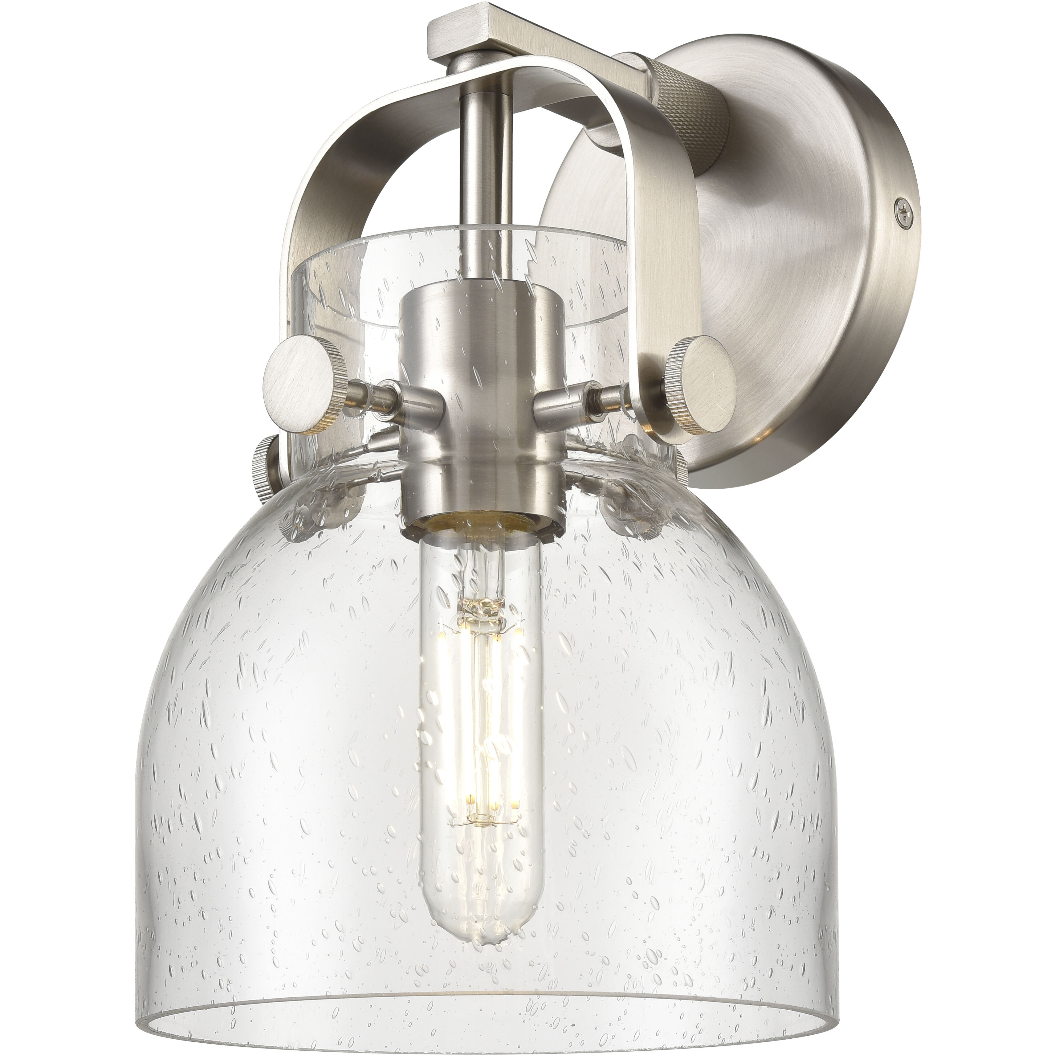 Pilaster II Bell Sconce Wall Light in Satin Nickel, Seedy Glass