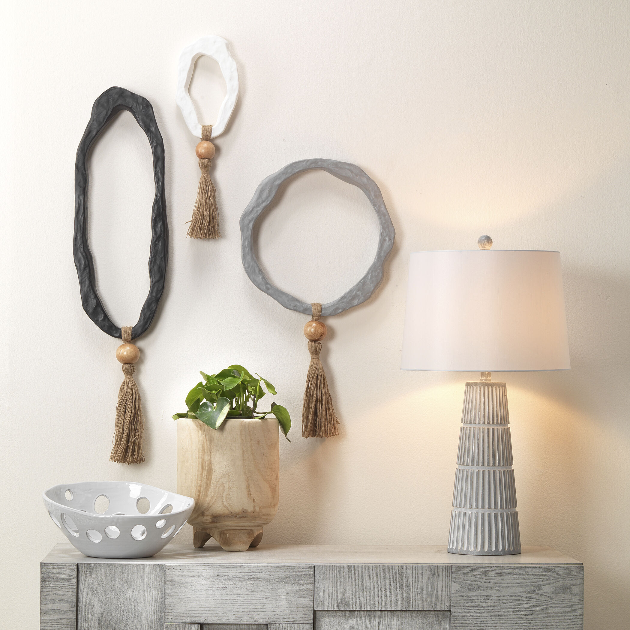 Mirage Abstract White / Black / Grey w/ Natural Wood Bead and Jute Wall Art