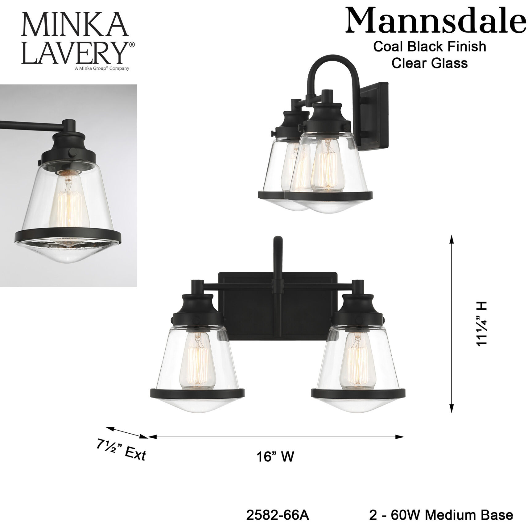 Mannsdale 2 Light 16 inch Coal Bath Vanity Wall Light