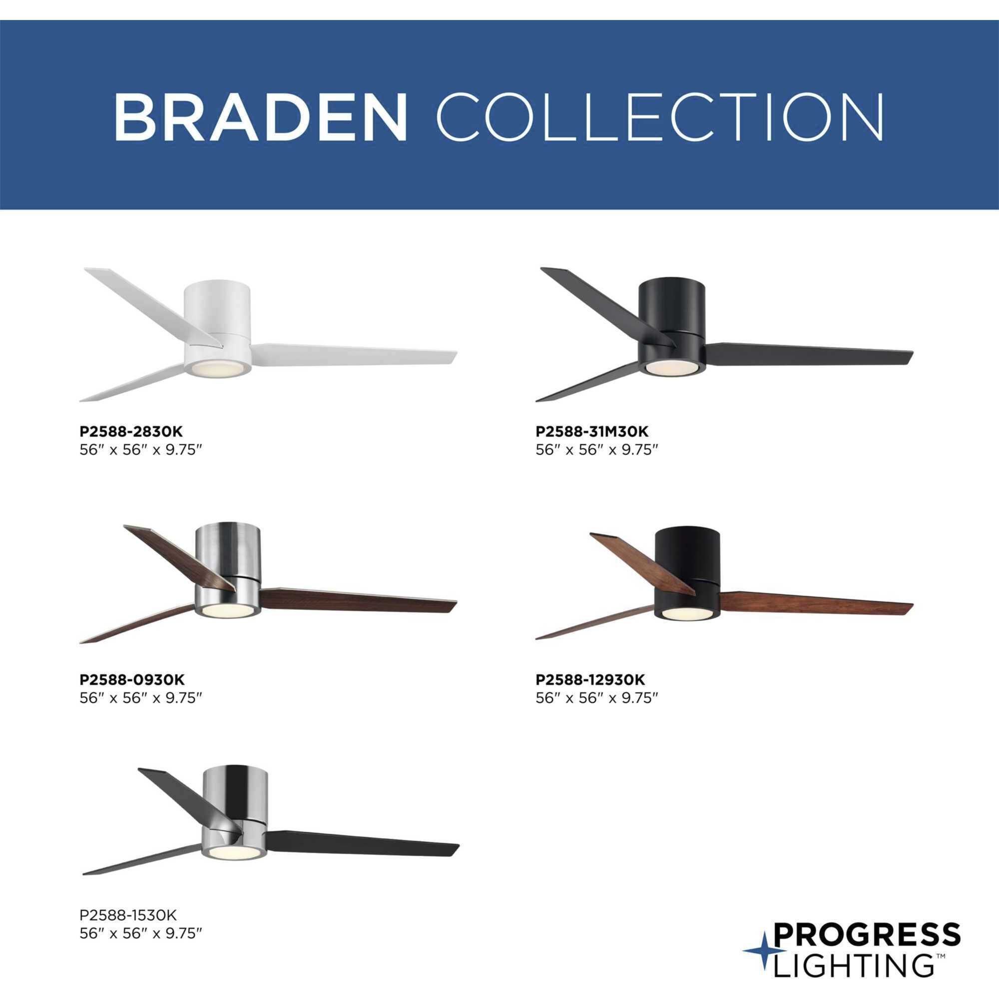 Chase 56 inch Brushed Nickel with Silver/American Walnut Blades Hugger Ceiling Fan, Progress LED