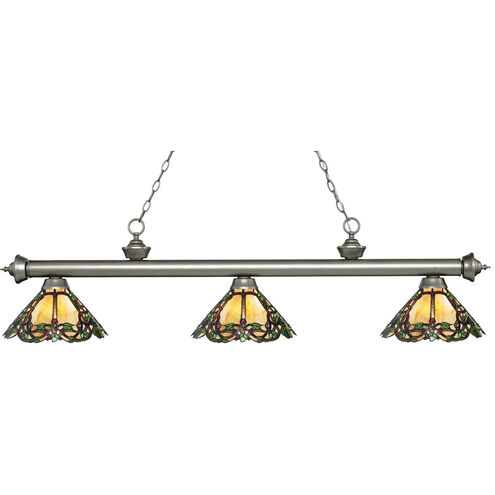 Riviera 3 Light 57 inch Antique Silver Island/Billiard Ceiling Light in Multi Colored Tiffany Glass, 17.4