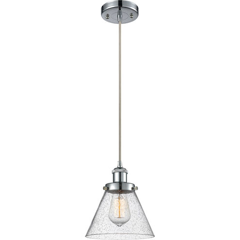 Ballston Large Cone LED 8 inch Polished Chrome Mini Pendant Ceiling Light in Seedy Glass, Ballston