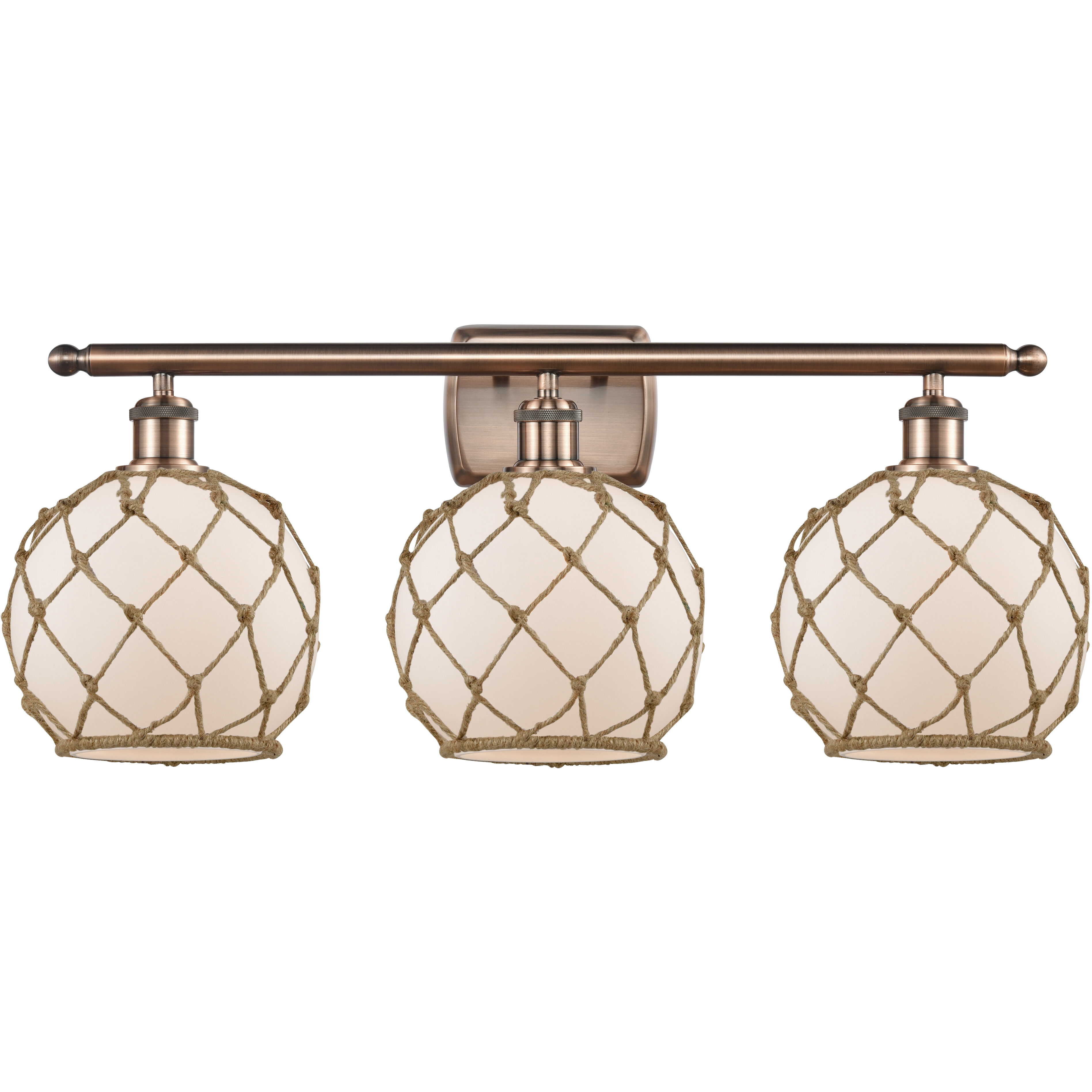 Ballston Farmhouse Rope LED 26 inch Antique Copper Bath Vanity Light Wall Light in White Glass with Brown Rope, Ballston