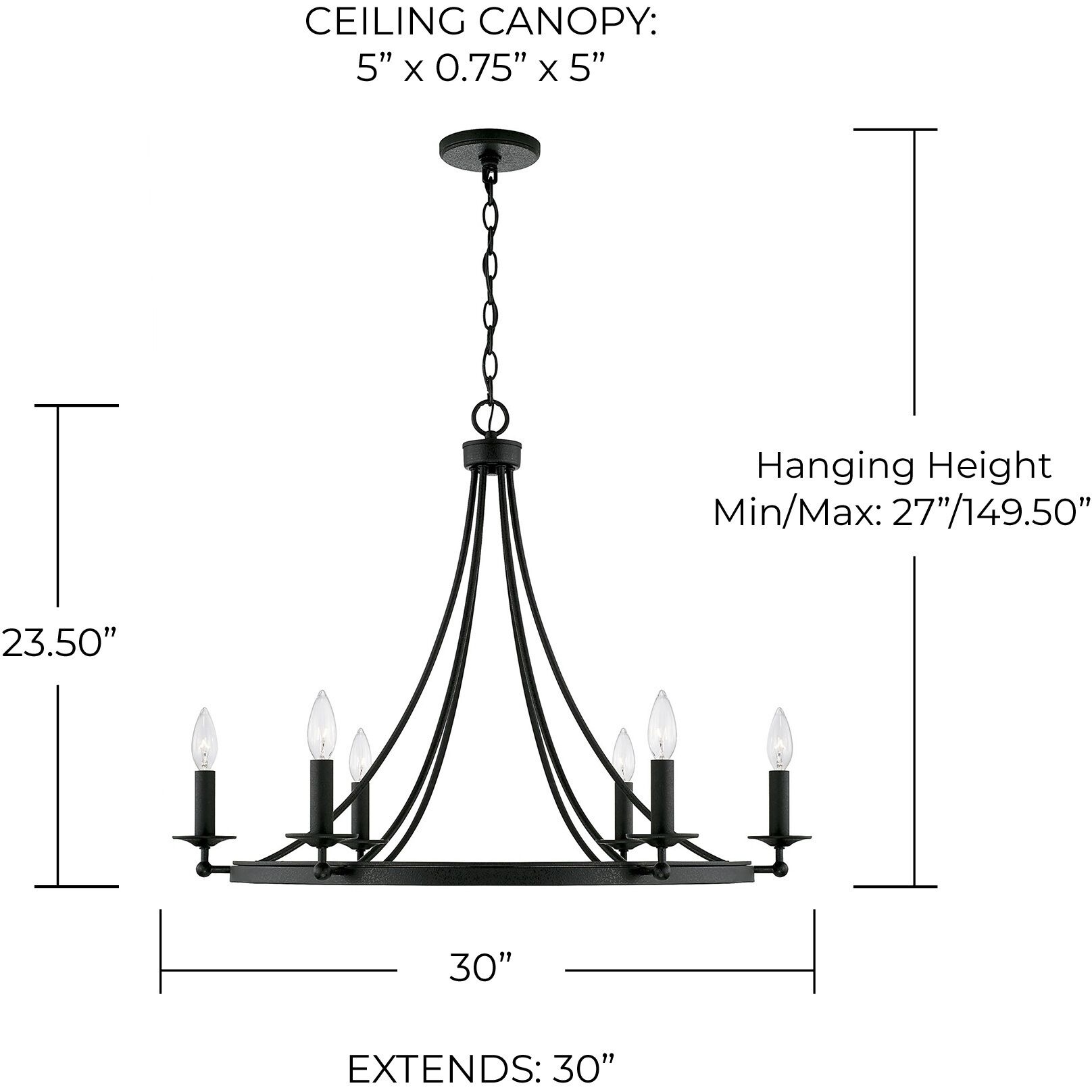 Elijah 6 Light 30 inch Black Iron Chandelier Ceiling Light