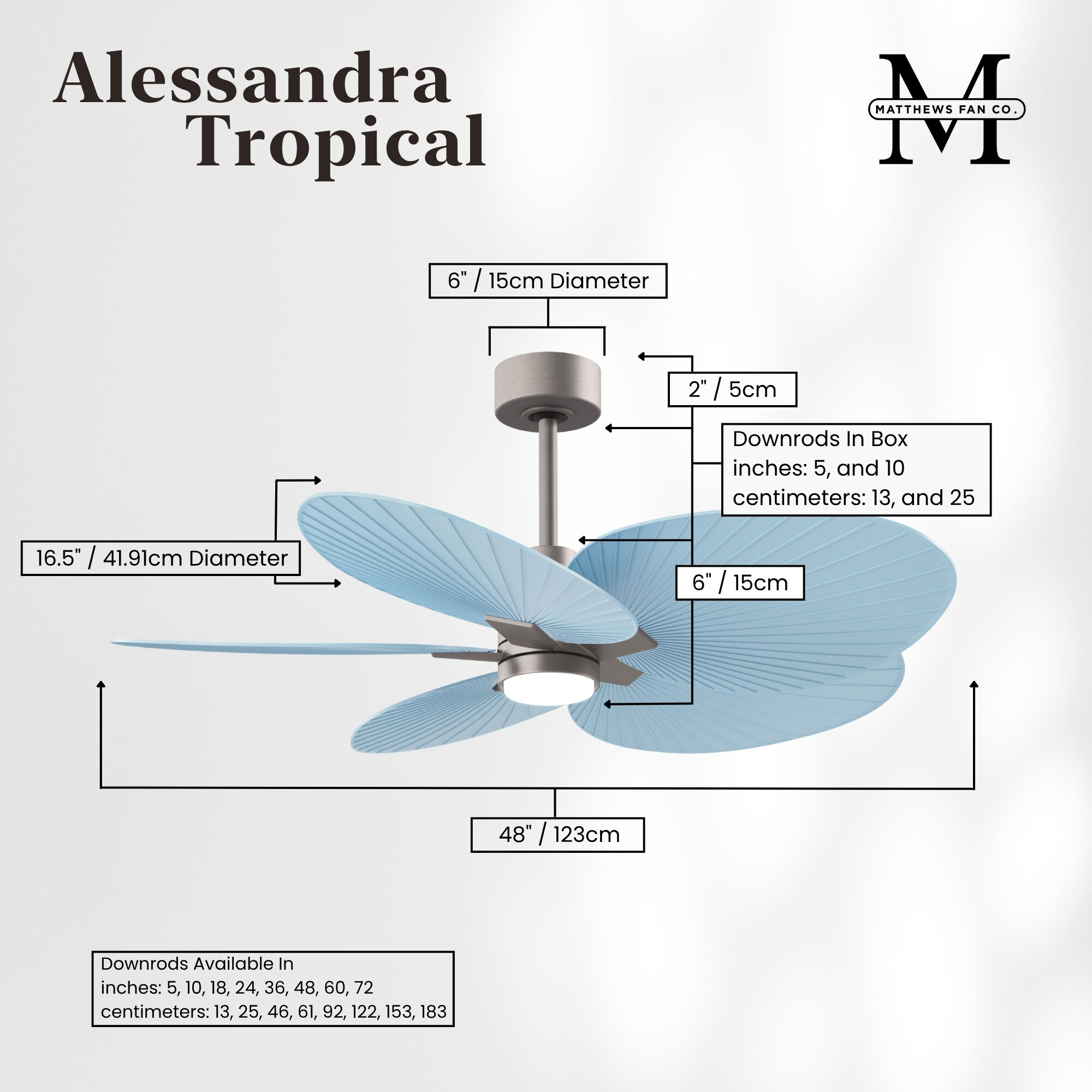 Atlas Alessandra Tropical - LK 48 inch Brushed Nickel with Light Blue Blades Ceiling Fan