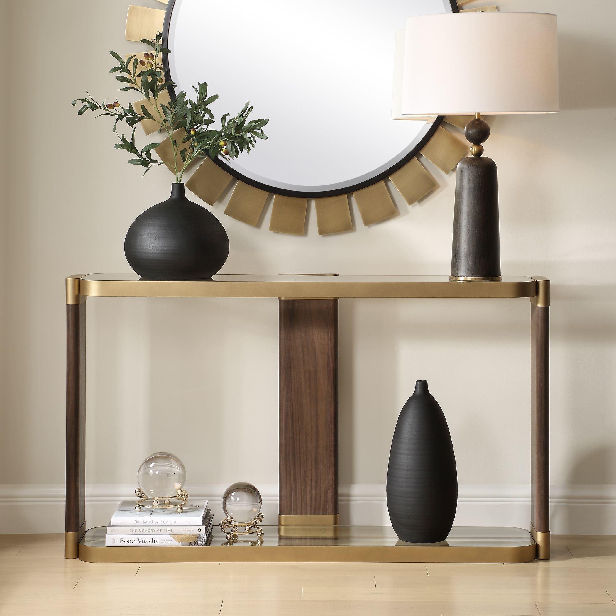 Ryles 55.25 inch Walnut Veneer and Gold Console Table