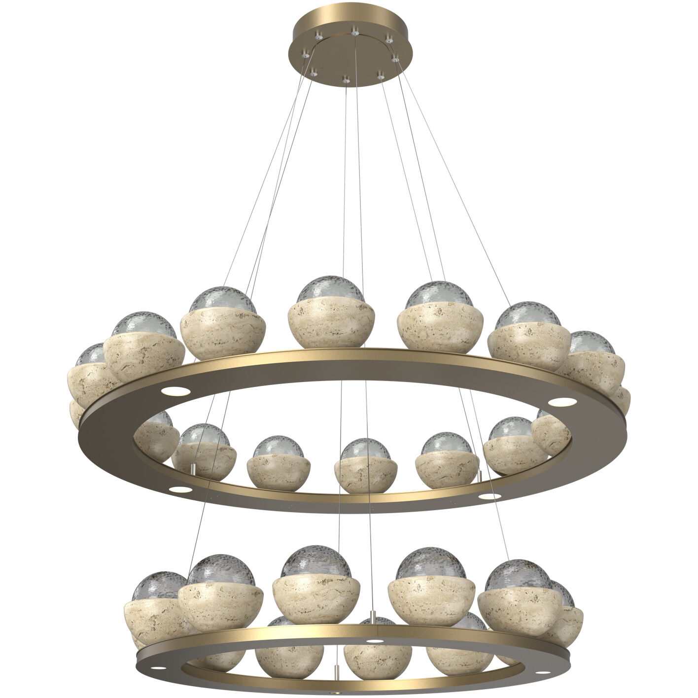 Cabochon LED Gilded Brass with Travertine Stone Chandelier Ceiling Light in Smoke, 2700K LED, Two-Tier