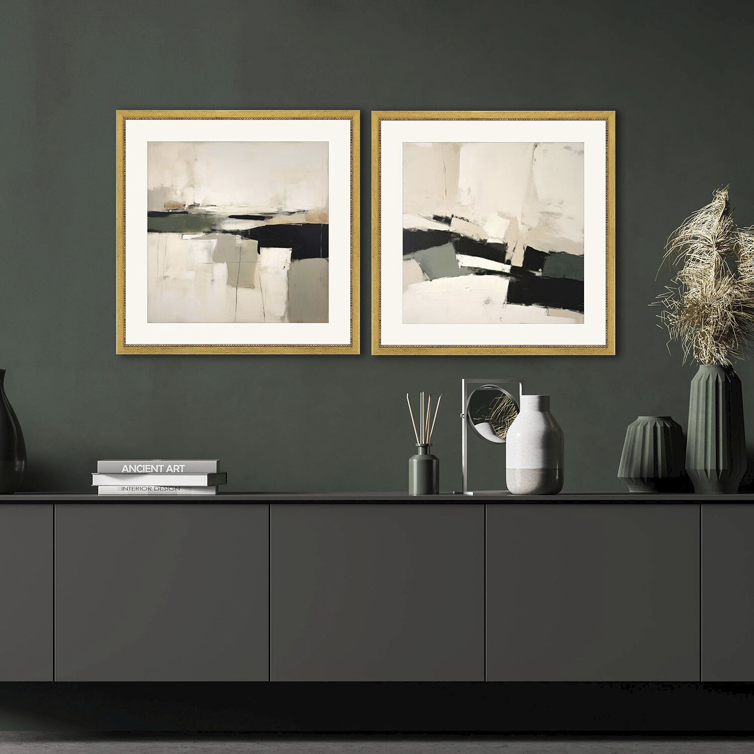 Lovely Landscape Beige and Black and Brown and Green Framed Art