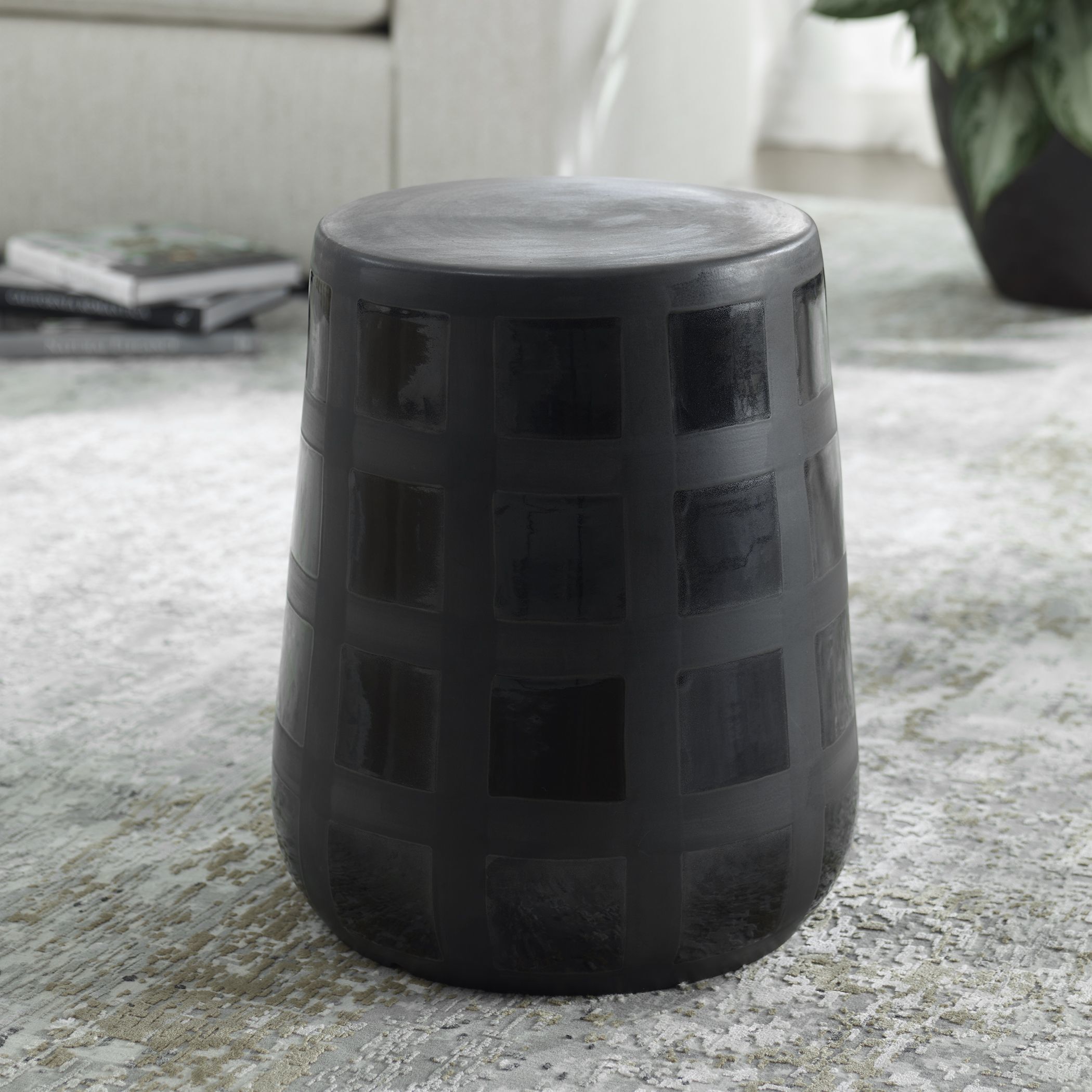 Patchwork Garden 17 inch Gloss And Matte Black Glazes Garden Stool