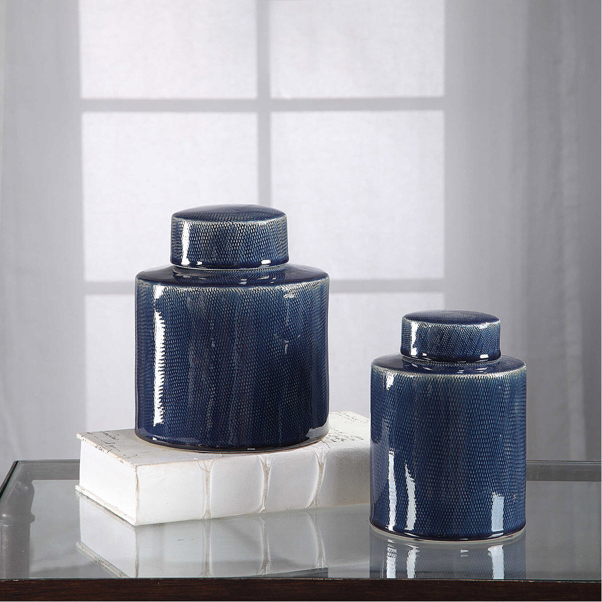 Saniya Sapphire Blue Ceramic with Ivory Undertone Containers, Set of 2