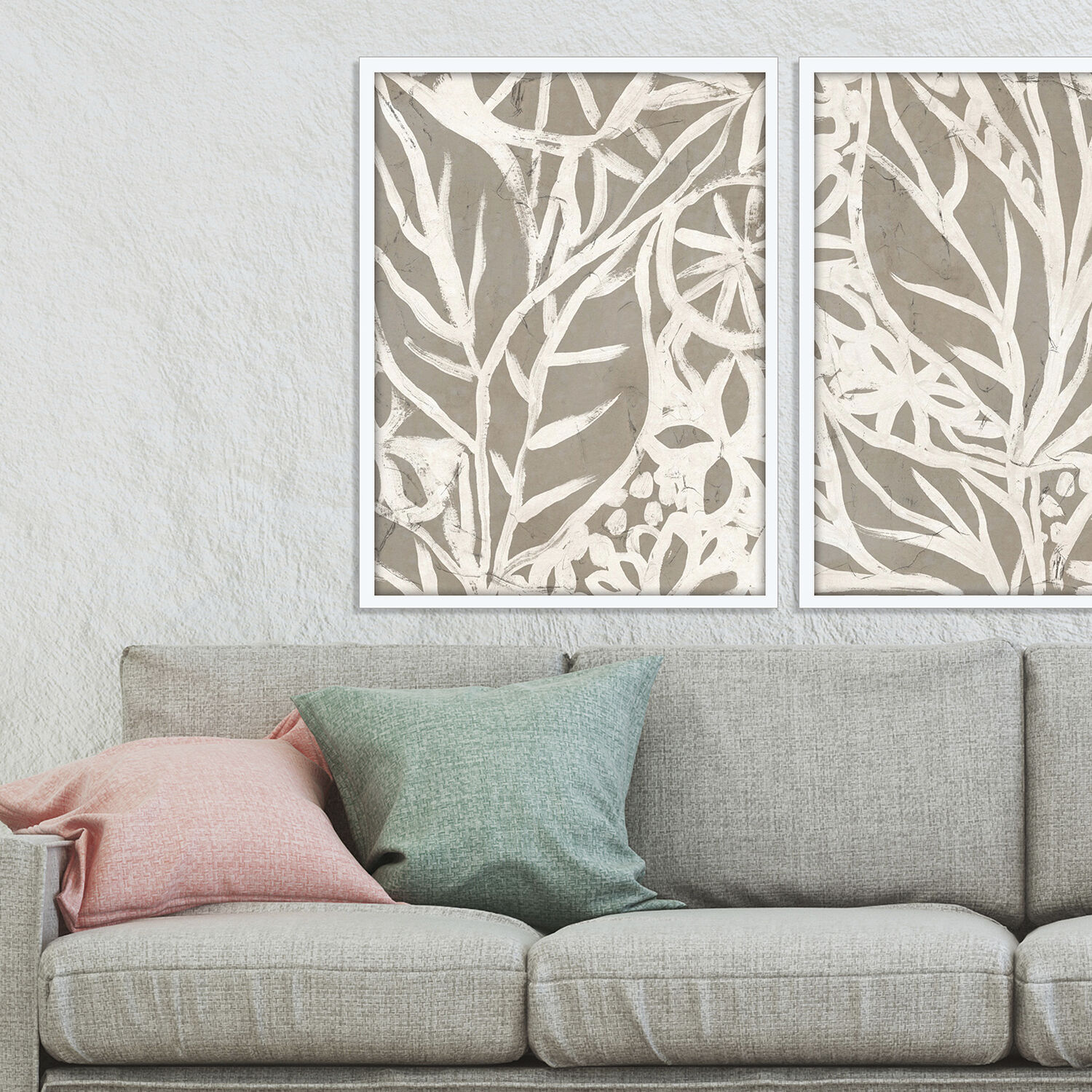 Mudcloth Foliage Beige and Brown and Neutral and White Framed Art