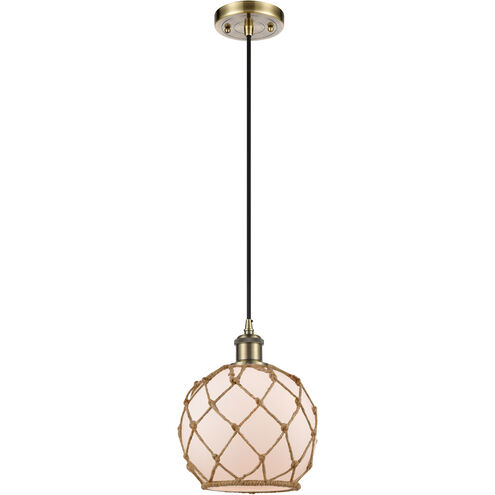 Ballston Farmhouse Rope LED 8 inch Antique Brass Mini Pendant Ceiling Light in White Glass with Brown Rope, Ballston