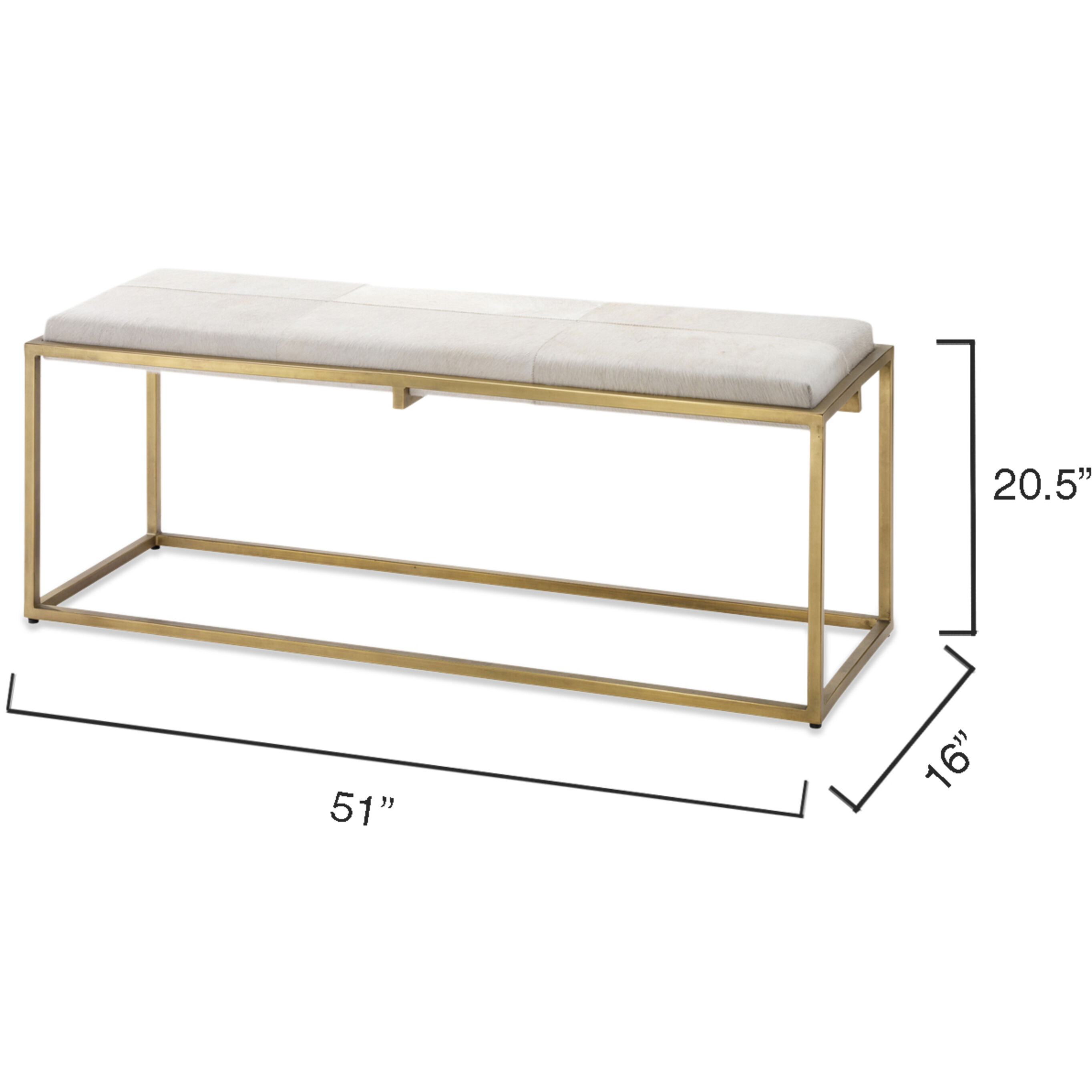 Shelby White Hide and Antique Brass Metal Bench