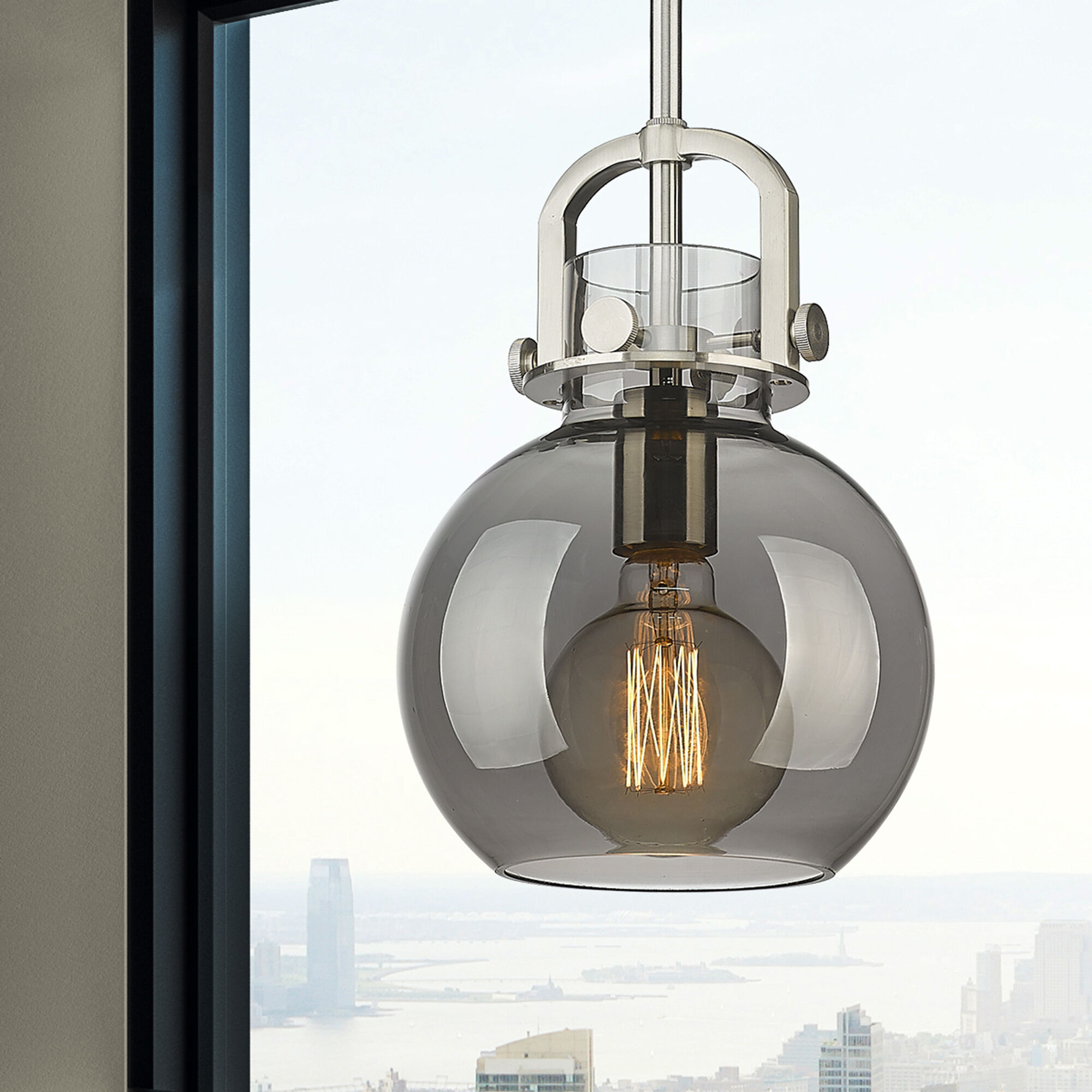 Newton Sphere 1 Light 8 inch Satin Nickel Mini Pendant Ceiling Light in Light Smoke Glass