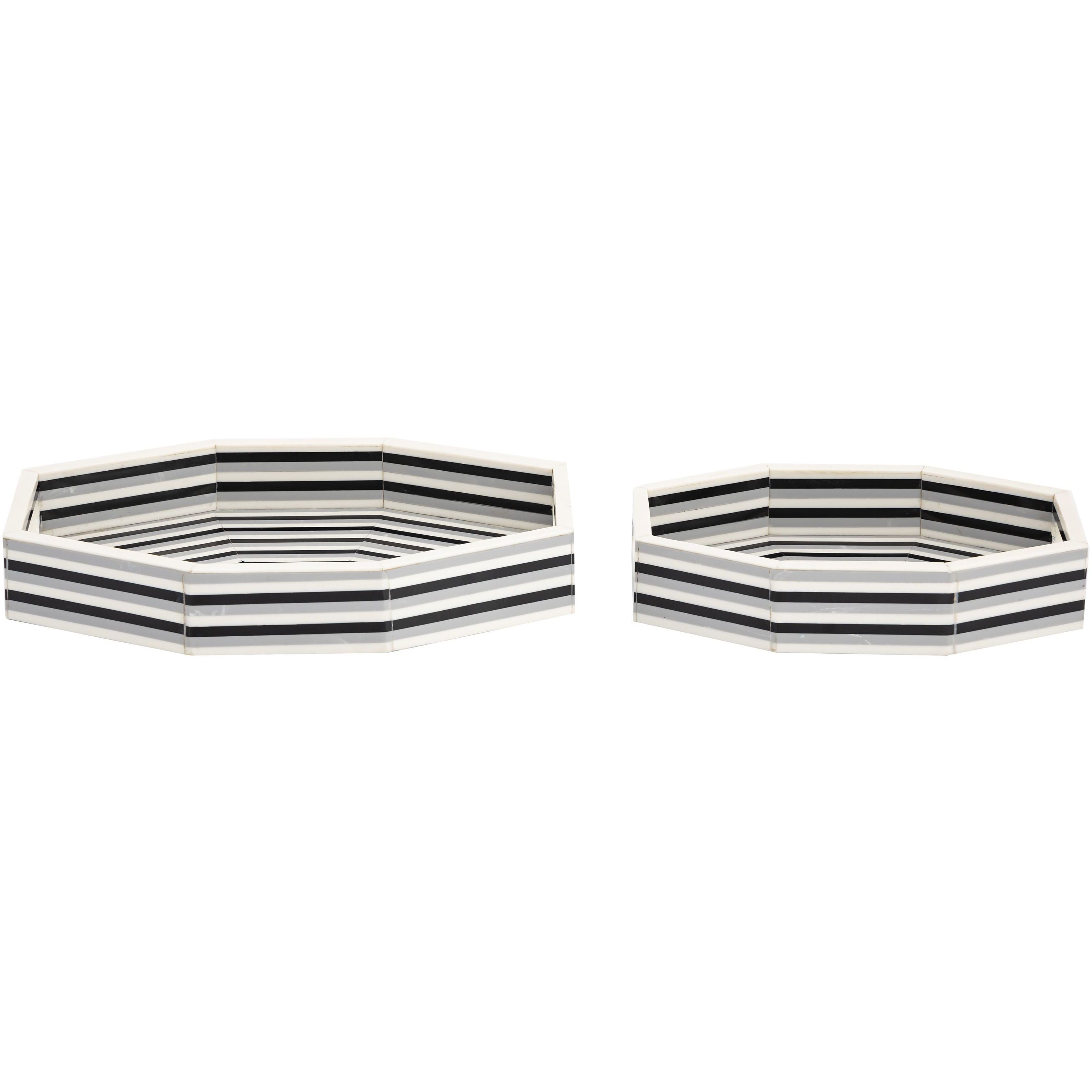 Octagonal Striped White with Black Tray, Set of 2