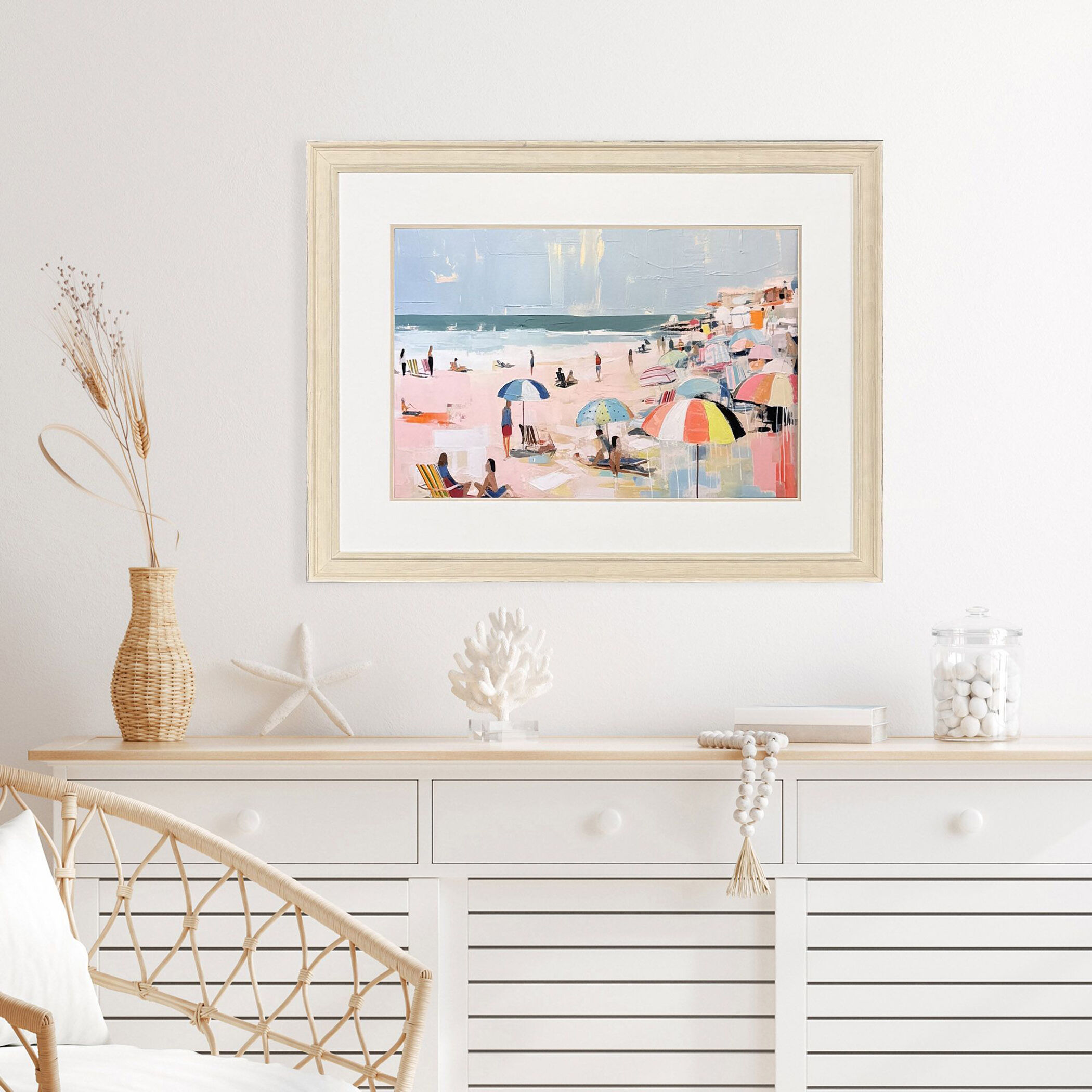 Summer Days on Beach Blue and Pink and Teal and Multi Framed Art