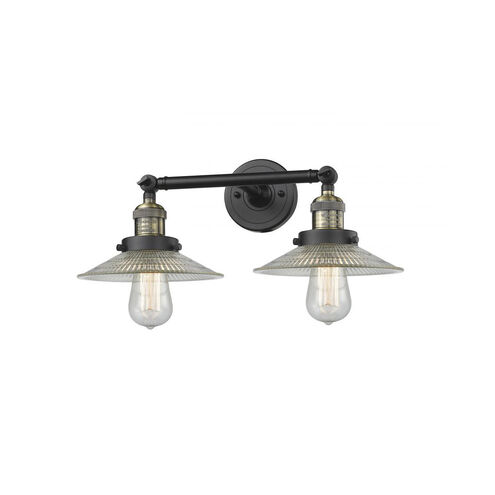 Franklin Restoration Halophane 2 Light 18 inch Black Antique Brass Bath Vanity Light Wall Light in Clear Halophane Glass, Franklin Restoration