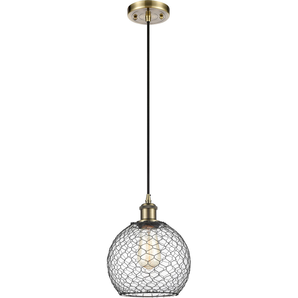 Ballston Farmhouse Chicken Wire LED 8 inch Antique Brass Mini Pendant Ceiling Light, Ballston