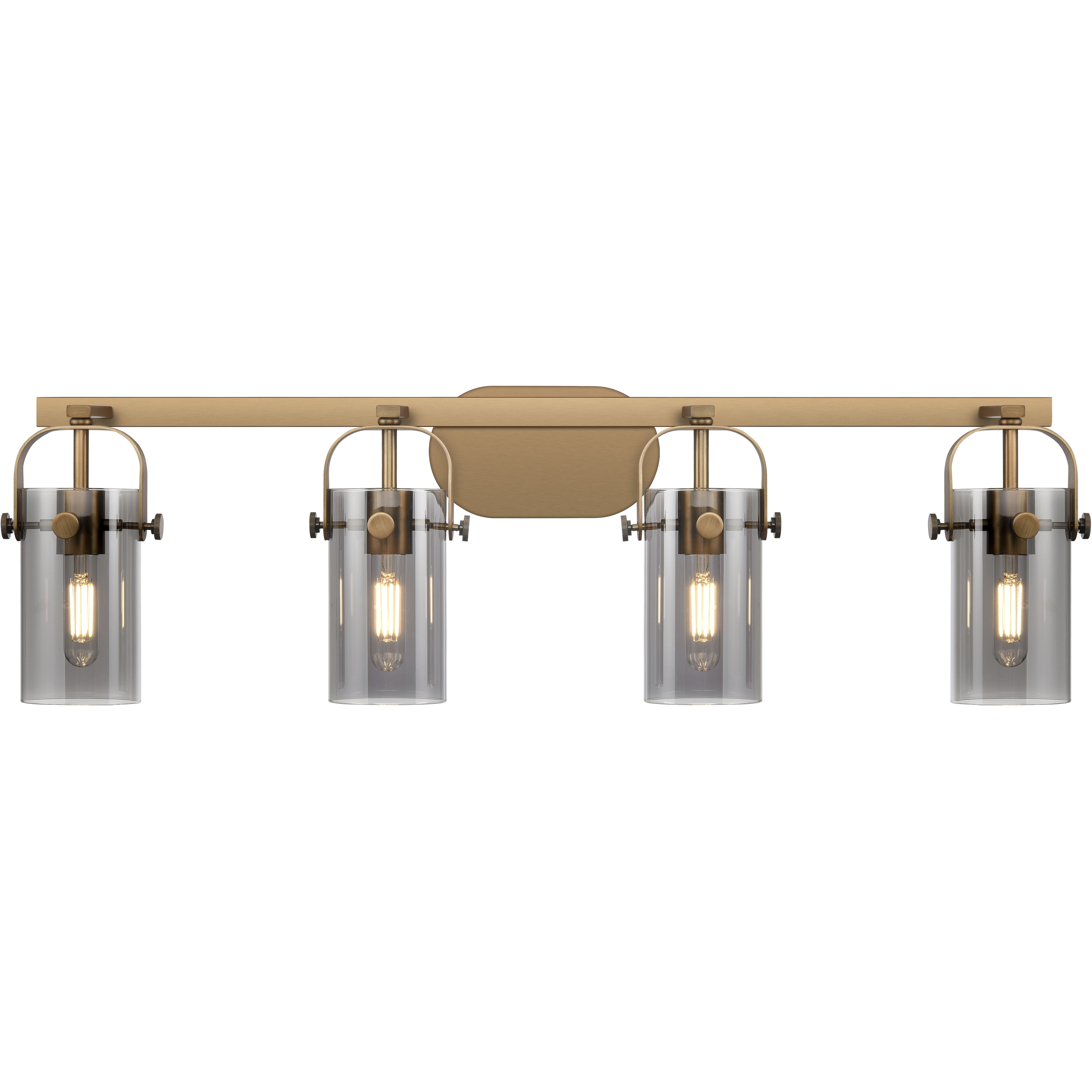 Pilaster II Cylinder 4 Light 34.88 inch Brushed Brass Bath Vanity Light Wall Light in Plated Smoke Glass