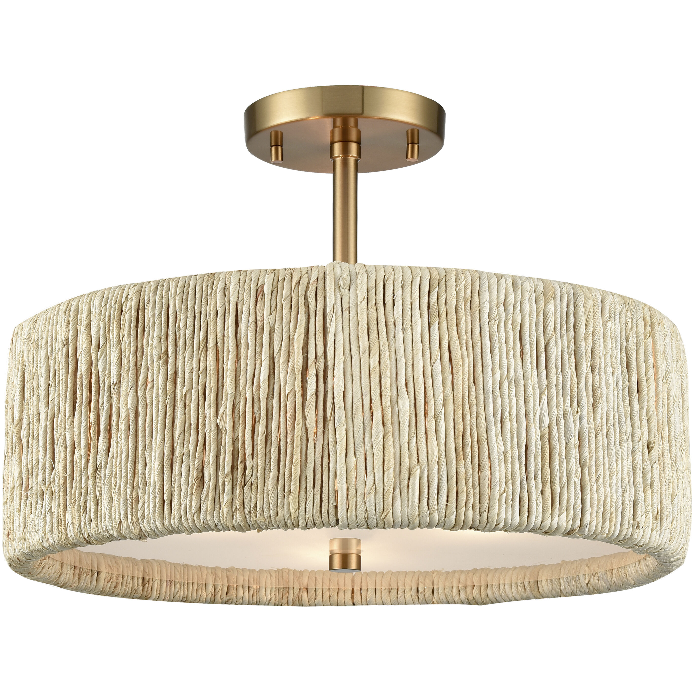 Abaca 3 Light 17 inch Satin Brass with Natural Semi Flush Mount Ceiling Light