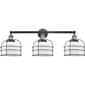 Franklin Restoration Large Bell Cage 3 Light 34 inch Black Antique Brass Bath Vanity Light Wall Light in Matte White Glass, Franklin Restoration