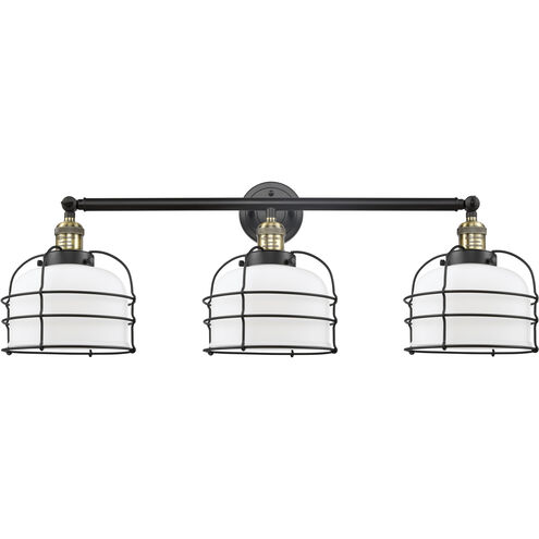 Franklin Restoration Large Bell Cage 3 Light 34 inch Black Antique Brass Bath Vanity Light Wall Light in Matte White Glass, Franklin Restoration