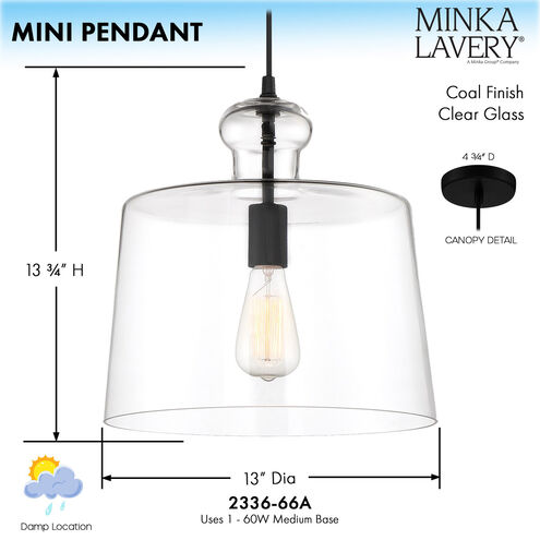 MP 1 Light 13 inch Coal Mini Pendant Ceiling Light
