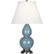 Small Double Gourd 22.75 inch 150.00 watt Steel Blue Glazed Ceramic with Antique Silver Accent Lamp Portable Light in Pearl Dupioni