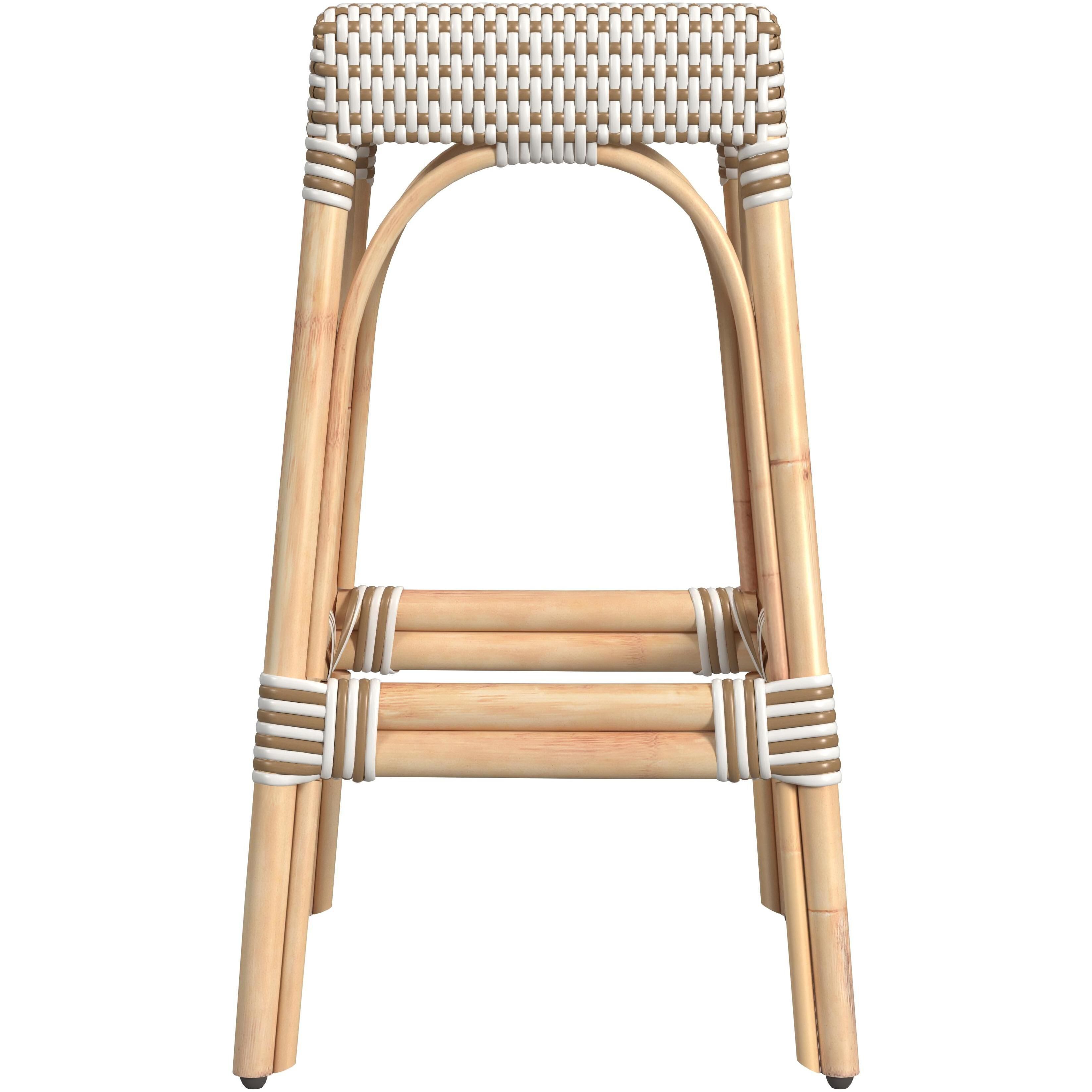 Robias Rectangular Rattan 30" Bar Stool in White and Tan Dot