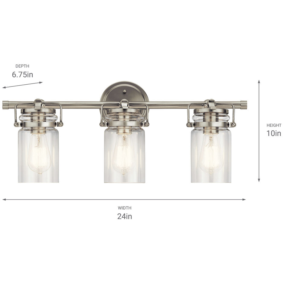 Brinley 3 Light 24 inch Brushed Nickel Wall Mt Bath 3 Arm Wall Light