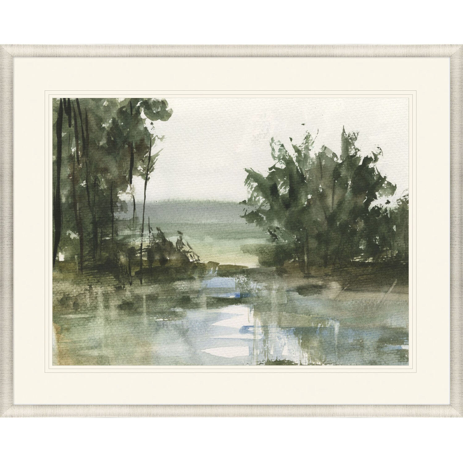Stillwater Reflections Green and Blue and Gray Framed Art