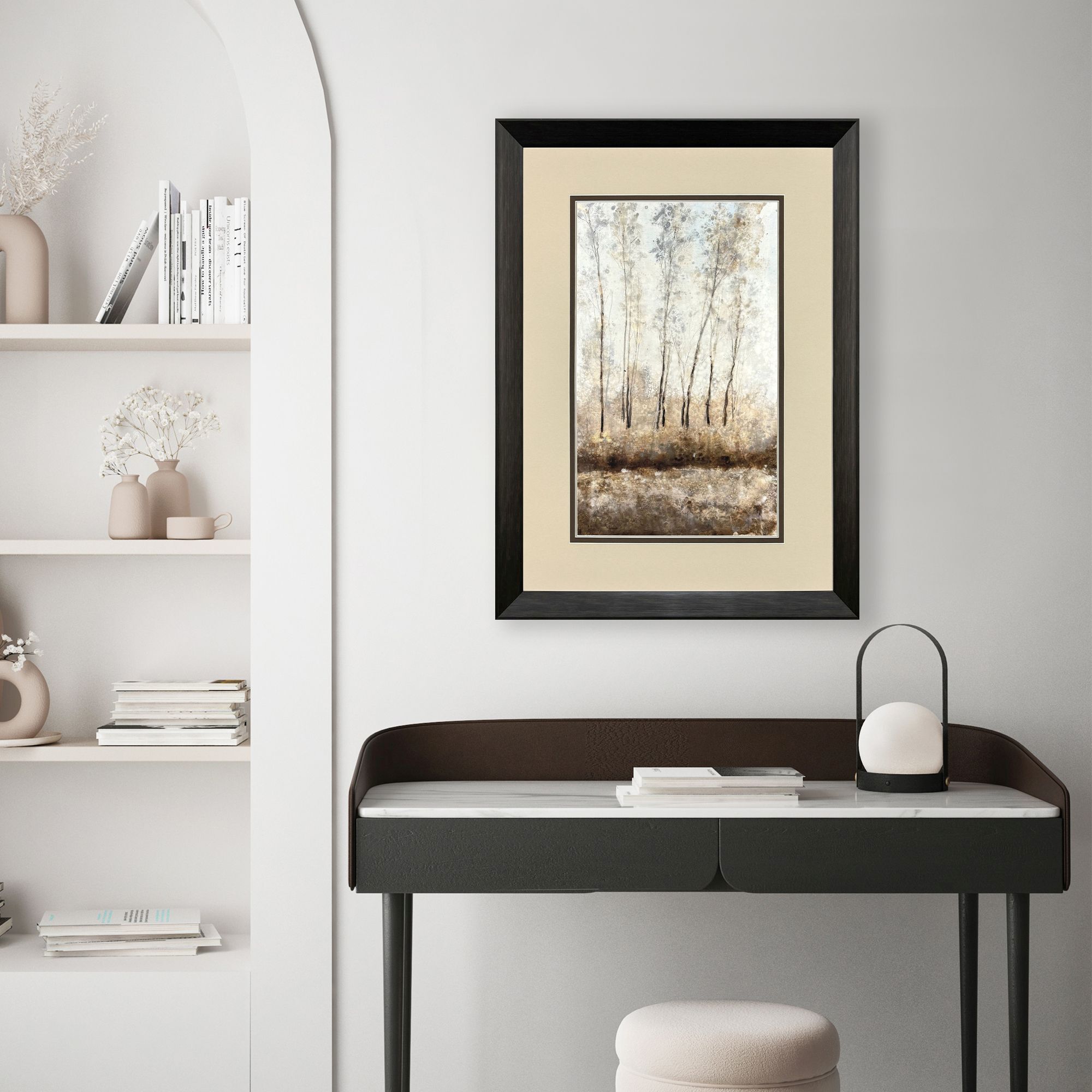 Woodland Shimmer Light Brown and Beige and Gray and Neutral Framed Art