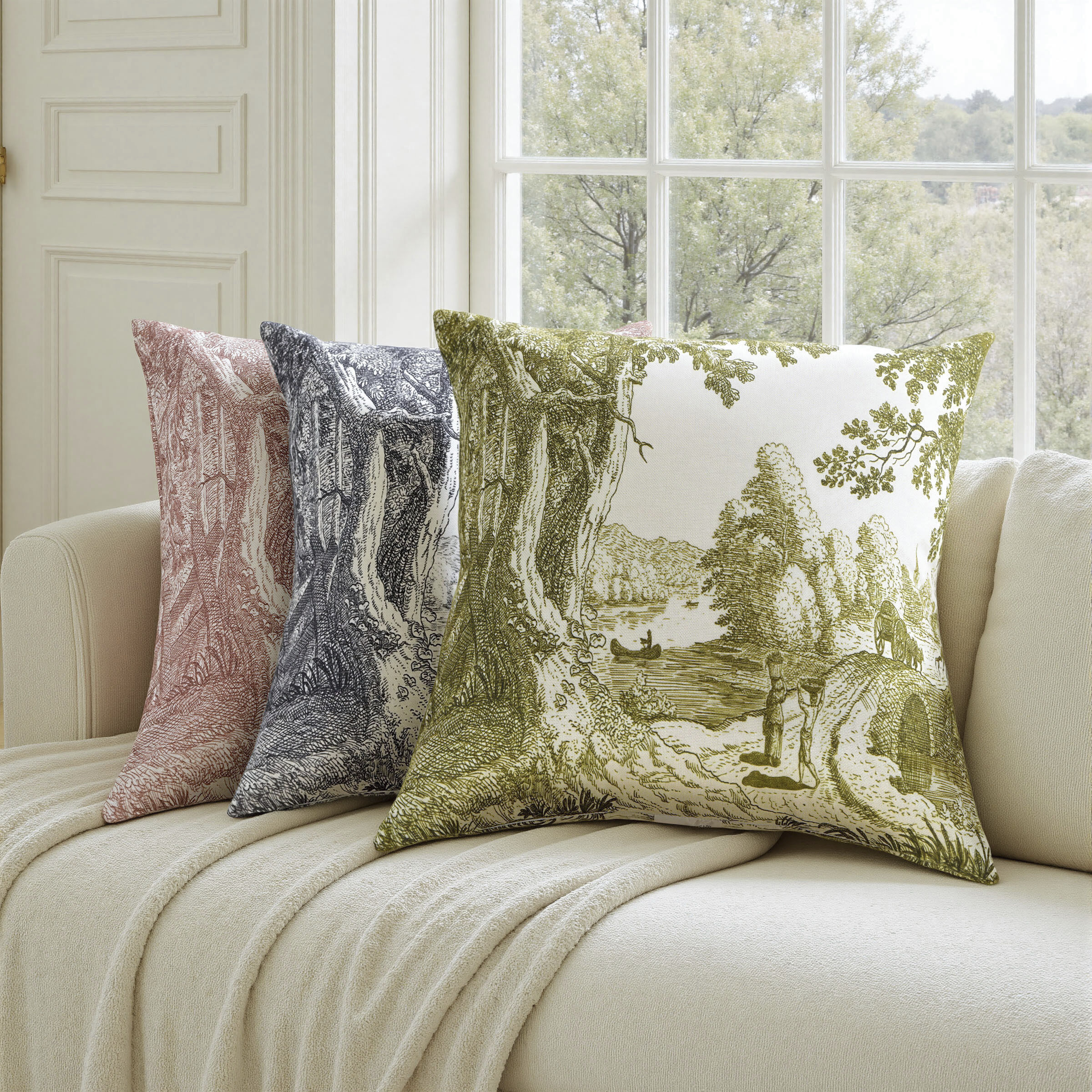 Reverie Toile 24 inch Verdant and Ivory Pillow in 24" x 24"