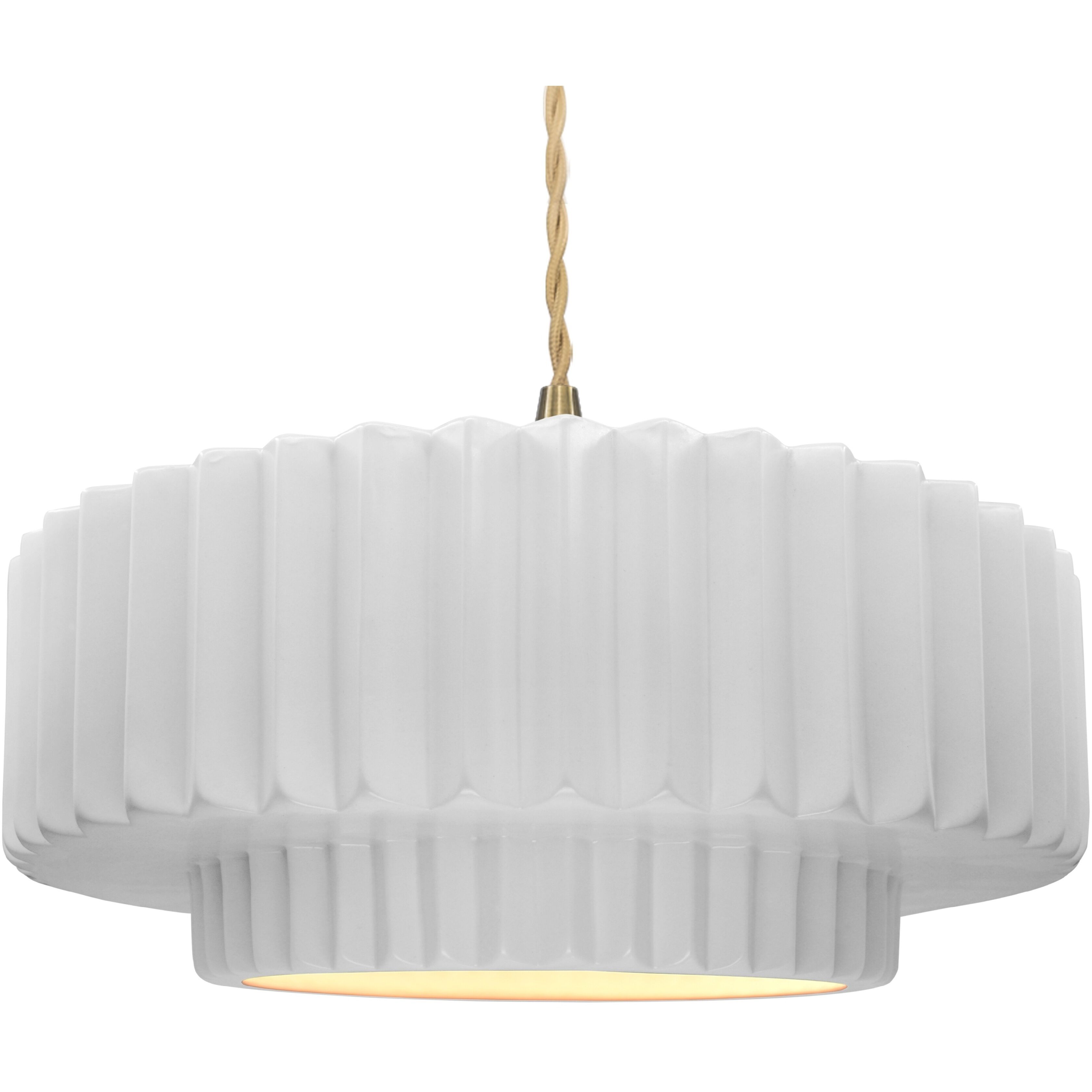 Radiance Collection - Pleated Tier Pendant Ceiling Light in Brushed Brass, Replaceable Bulb, Beige Twist Cord, Gloss White (outside and inside of fixture), 16.25W x 6H, Form+Finish+Function