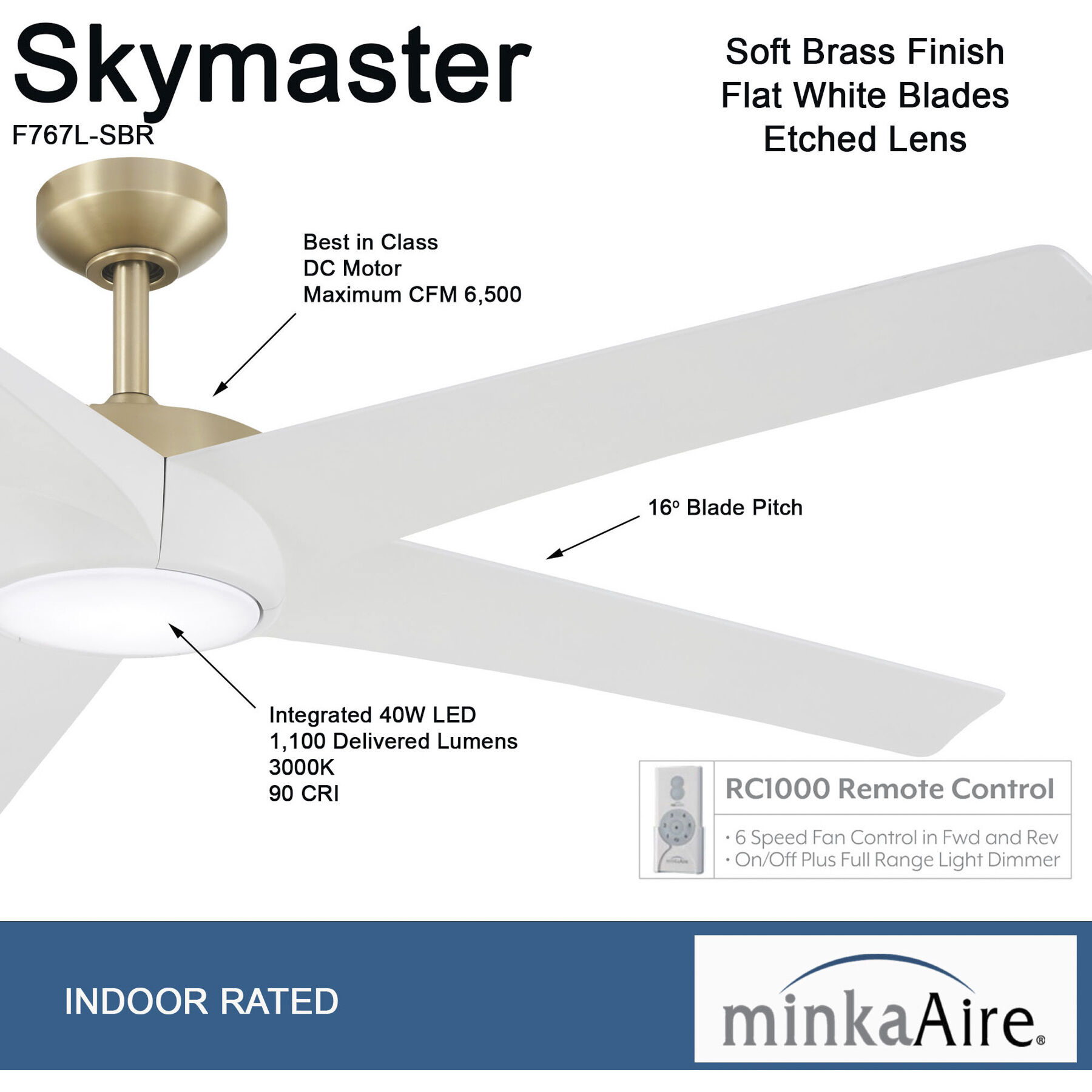 Skymaster 64 inch Soft Brass with Flat White Blades Ceiling Fan