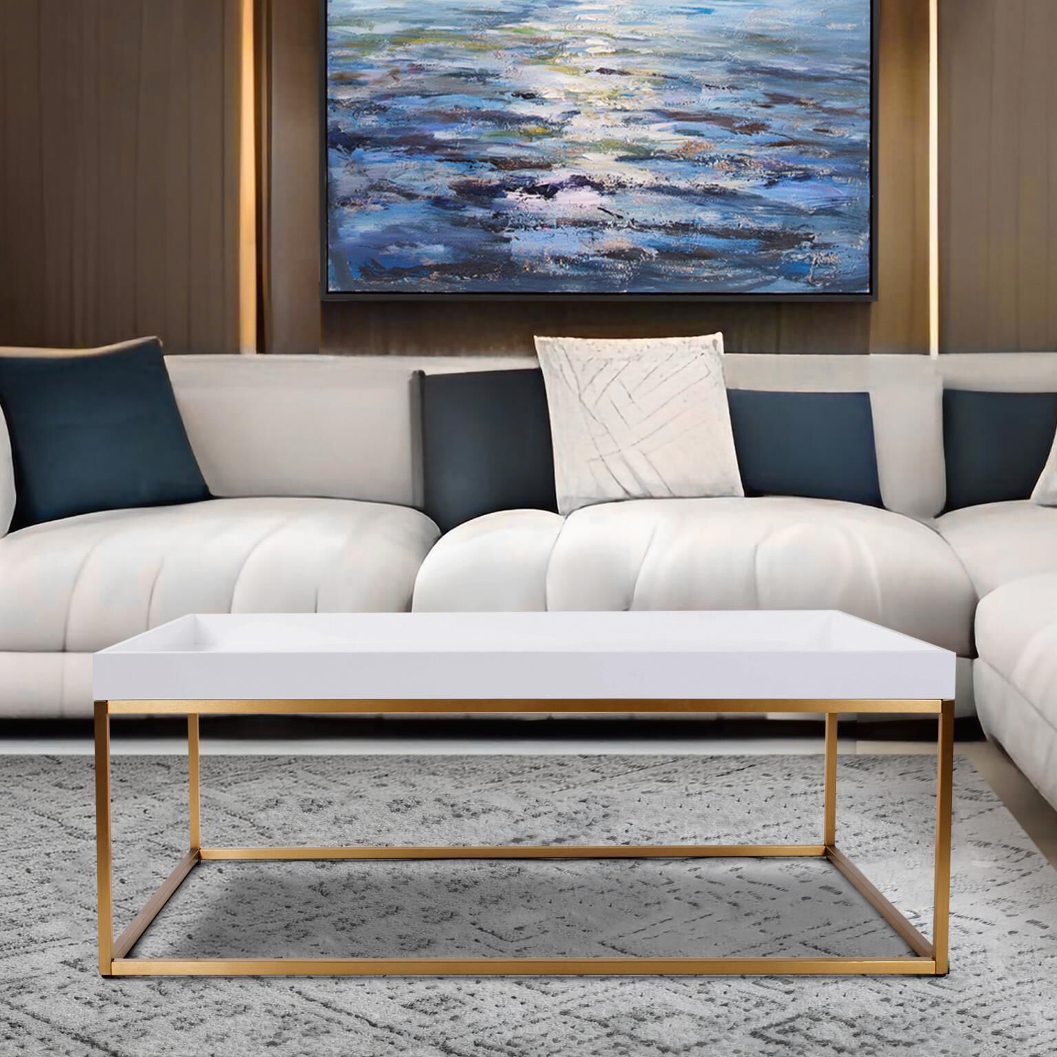 Lyndhurst 47.75 X 18 inch White and Brass Coffee Table