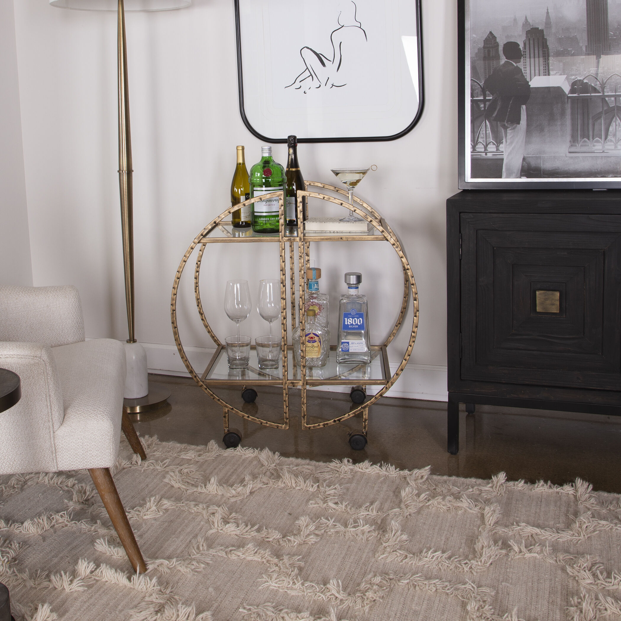 Zelina Antique Gold and Clear Glass Bar Cart