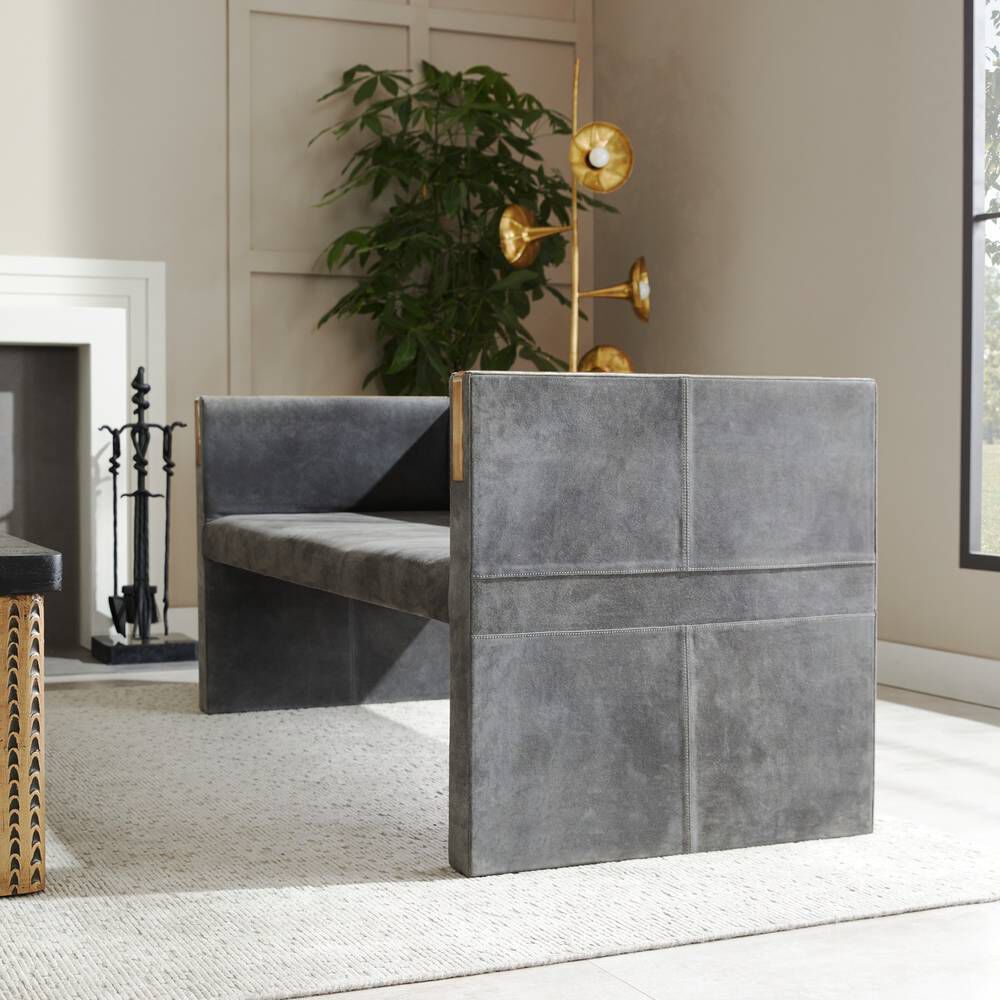 Donovan Slate Grey Suede and Antique Brass Settee